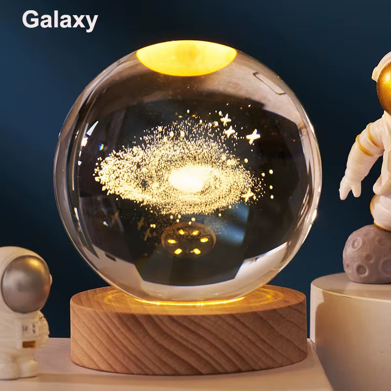 Galaxy crystal ball lamp with solid wood base