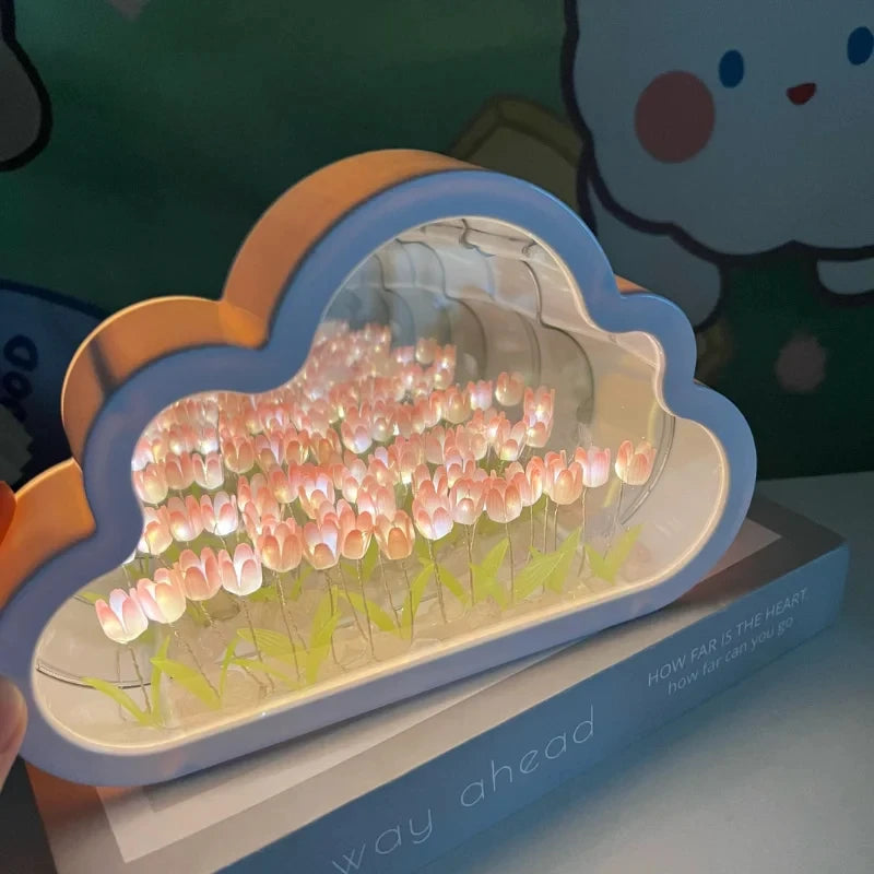 Blue Cloud Tulip Night Light on a bedroom shelf