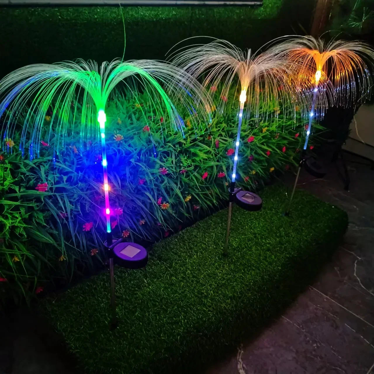 Waterproof solar flower lights on a pathway