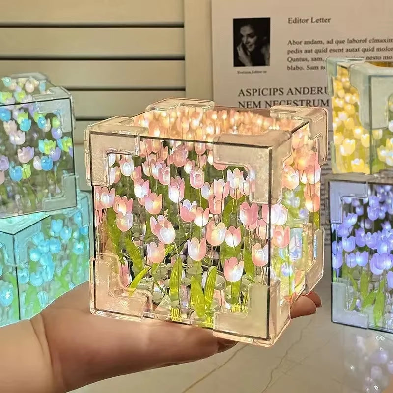 Purple tulip mirror cube night light glowing