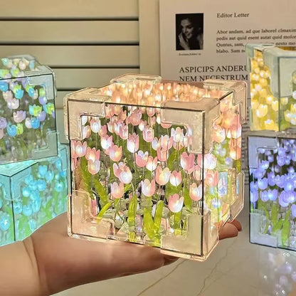 Purple tulip mirror cube night light glowing