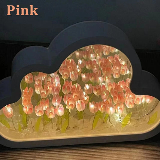 Cloud Tulip Night Light glowing on a nightstand