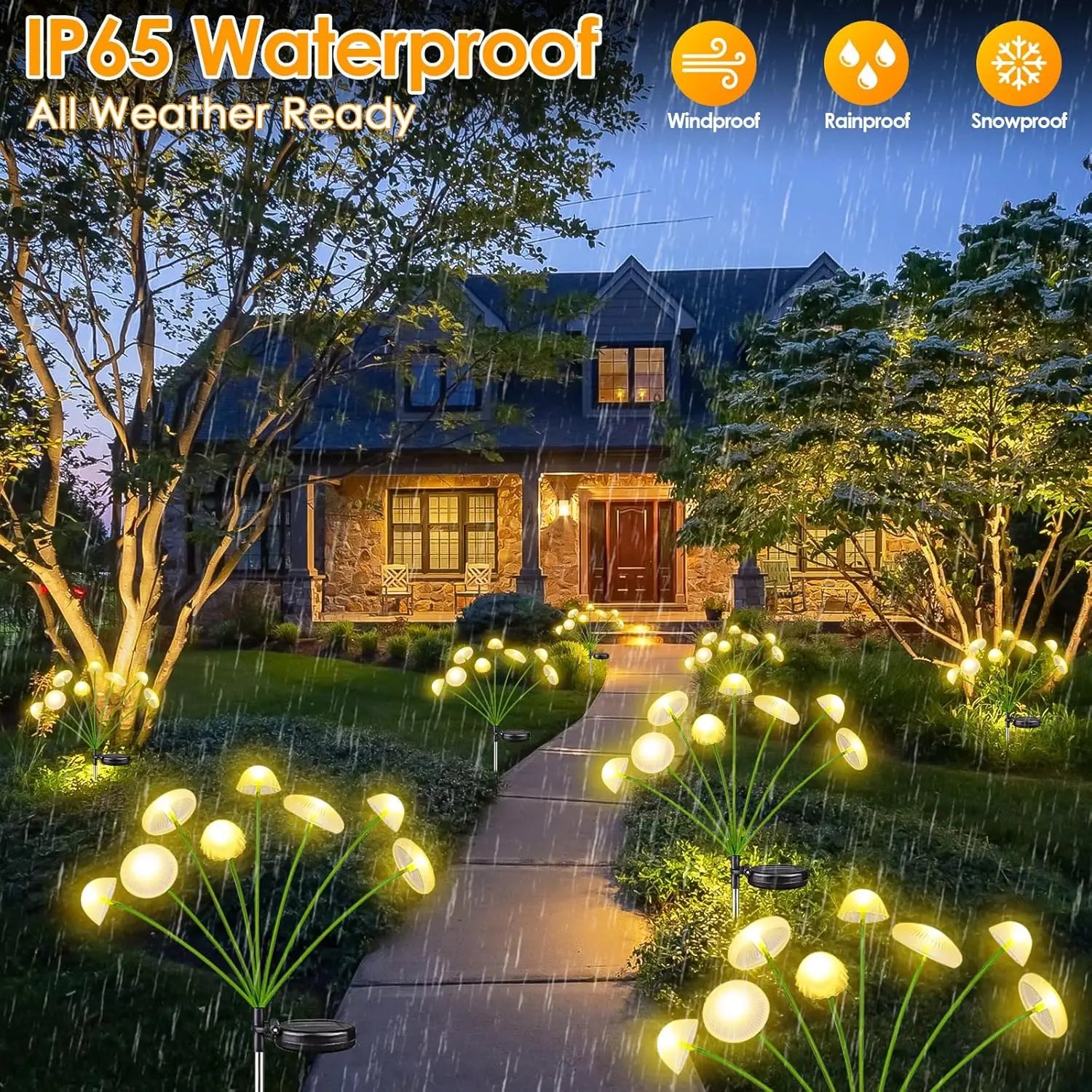 Solar mushroom garden lights in flower bed