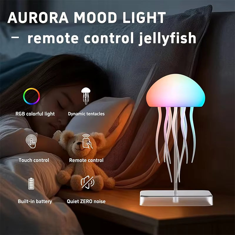 RGB jellyfish lamp glowing in a dark room