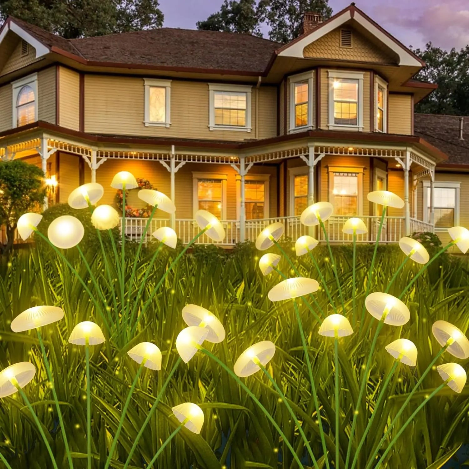 Solar mushroom lights along a garden pathway