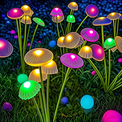 Solar mushroom lights glowing at dusk