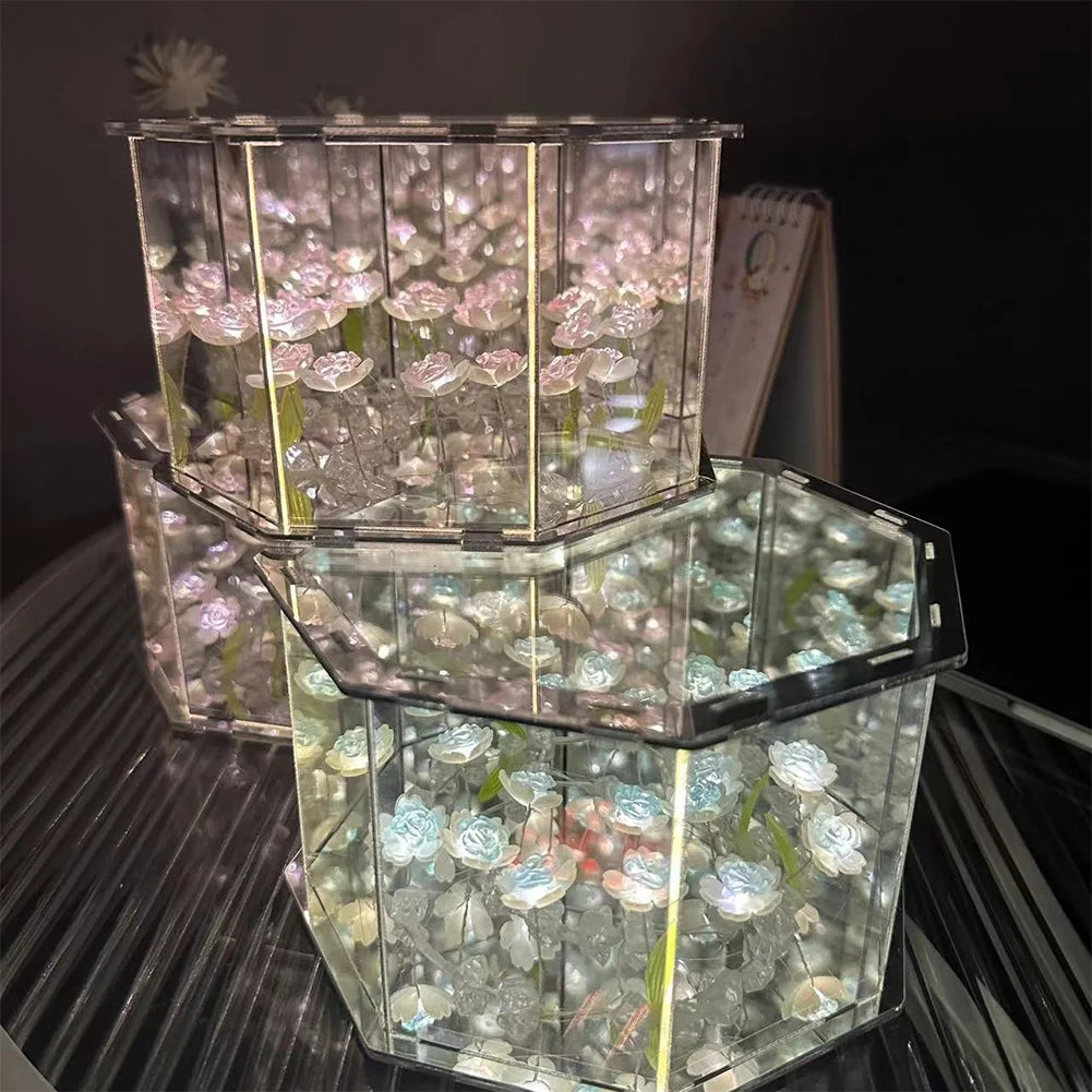 DIY tulip and rose mirror cube night light glowing